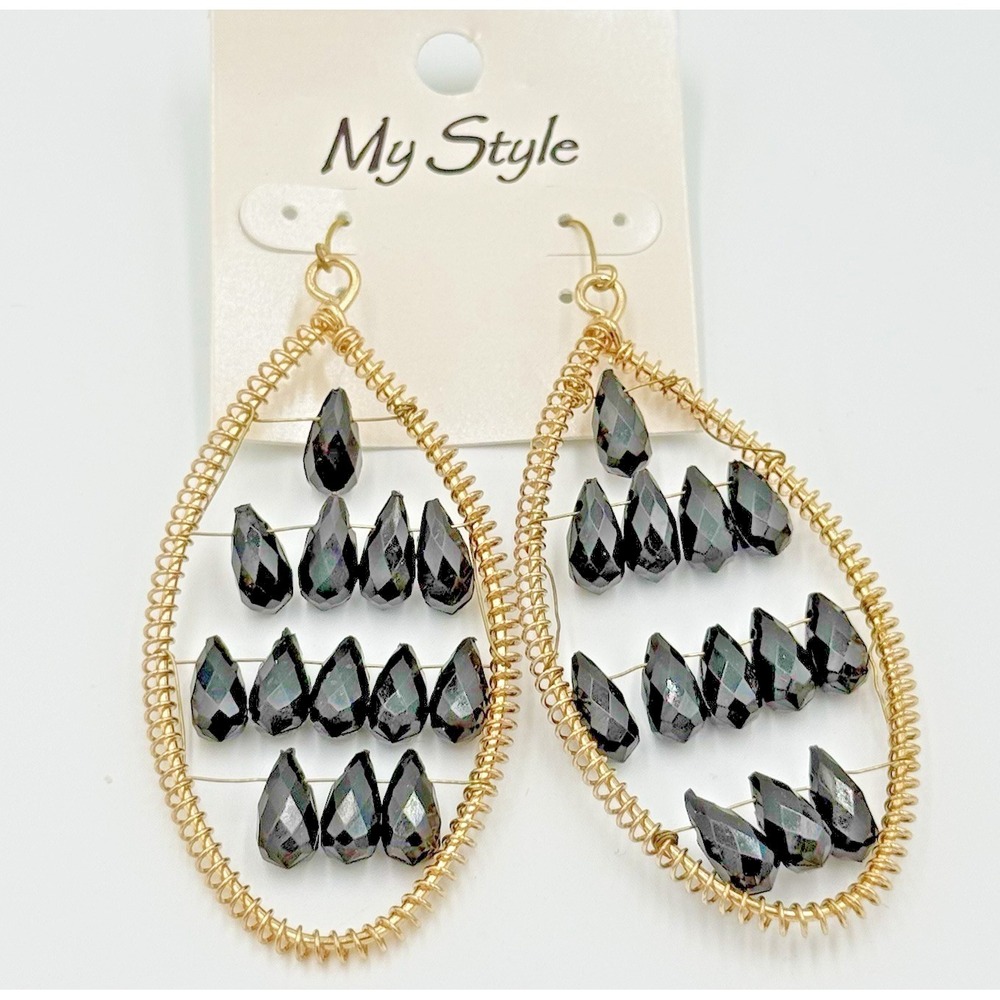 Earrings Black Faceted Beads Gold Toned Wire Wrapped Witchy Goth Hippie Boho NEW
